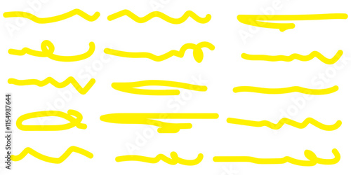 Hand drawn marker strokes. Yellow marker stroke lines, markers stripes and highlight elements, permanent marker signs vector illustration 