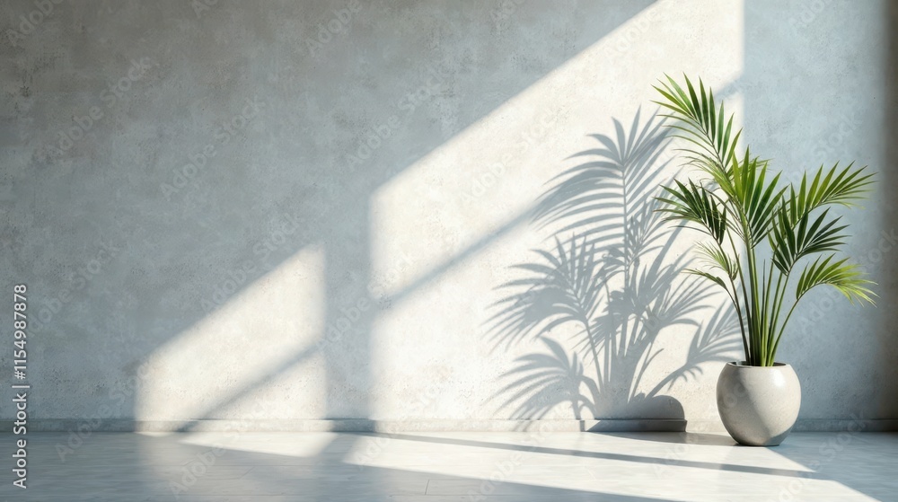 Fototapeta premium Serene Minimalist Interior with Greenery and Sunlight Casting Shadows on a Textured Wall