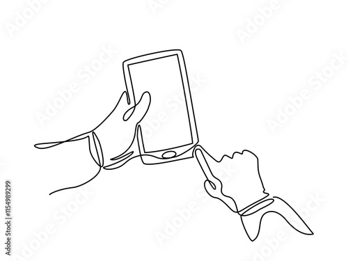 Continuous one line cartoon hand drawn illustration of a hand holding a mobile phone, people, blogger using a smartphone or tablet, Isolated on a white background. Vector illustration, Editable stroke