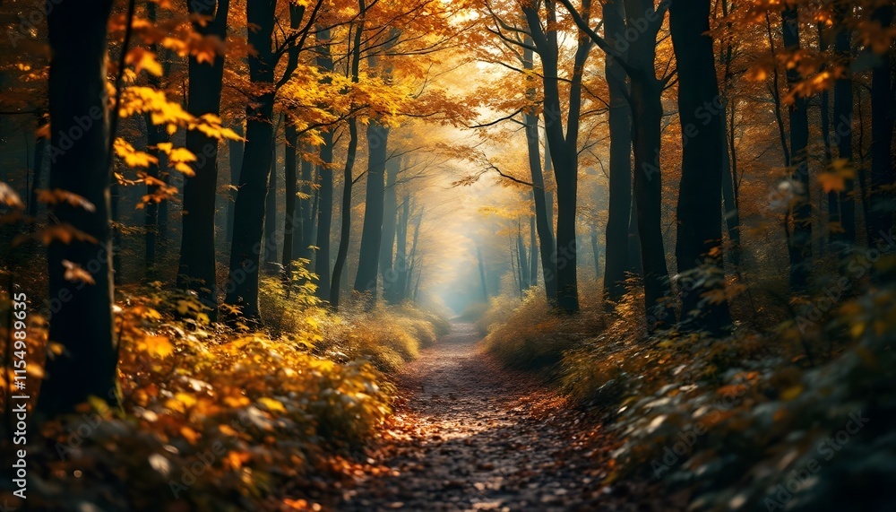 Misty Fall Forest Trail with Morning Light Rays Misty Fall Forest Trail with Morning Light Rays