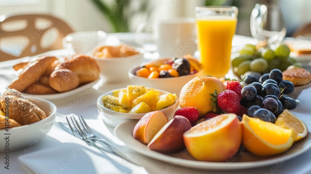 Table with luxury breakfast, featuring fruits, pastries, and fresh meals in a modern hotel restaurant. Table with luxury breakfast, featuring fruits, pastries, and fresh meals in a modern hotel restaurant.