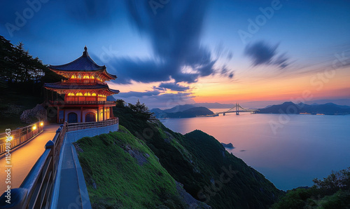 Wallpaper Mural In the evening, the Chinese pavilion on the rocks by the seaside lights up Torontodigital.ca