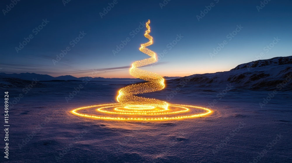 Obraz premium Light spiral art installation in snowy landscape at twilight.