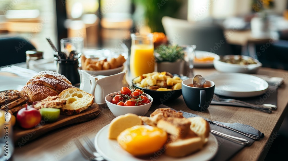 Table with luxury breakfast, featuring fruits, pastries, and fresh meals in a modern hotel restaurant. Table with luxury breakfast, featuring fruits, pastries, and fresh meals in a modern hotel restaurant.