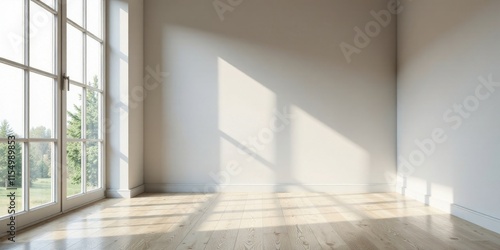 Empty Room with Sunlight Streaming Through Large Window and Light Wood Floor