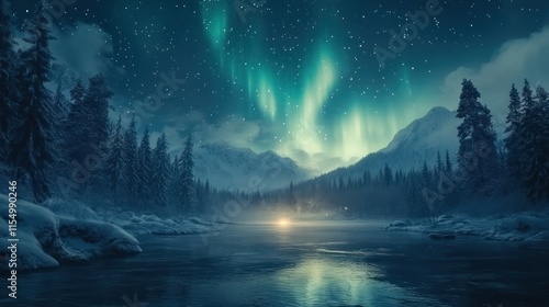 Wallpaper Mural Winter wonderland scene with aurora borealis over snowy mountains and frozen river. Torontodigital.ca