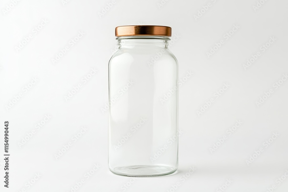 Empty clear glass bottle with copper lid on white background. Empty clear glass bottle with copper lid on white background.