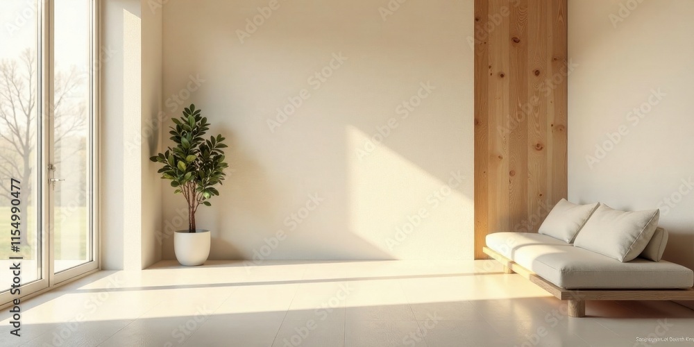 Fototapeta premium Serene Minimalist Interior Design Featuring a Low Platform Sofa and Natural Light