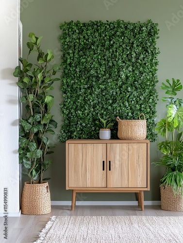 Green wall decor with plants and wooden cabinet