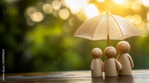 Wallpaper Mural Wooden peg family under an umbrella, illustrating life, health, and travel insurance concepts.  Torontodigital.ca