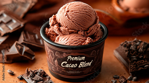 Premium cacao chocolate ice cream in decorative container photo