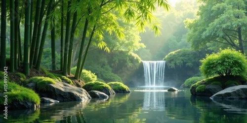 Serene Waterfall Cascading into a Tranquil Pond Surrounded by Lush Bamboo and Mossy Rocks