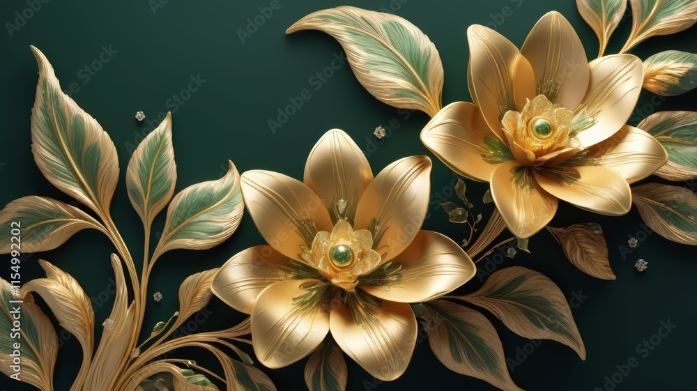 3d dark green background decorated with gold flowers 3d dark green background decorated with gold flowers