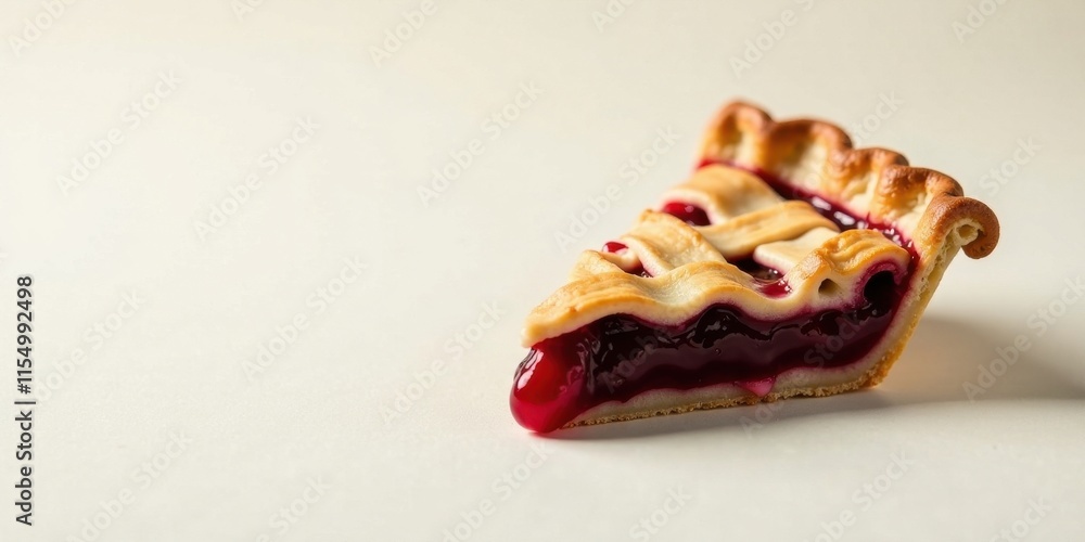 Fototapeta premium A delectable slice of homemade cherry pie, showcasing a lattice crust and rich berry filling, rests on a pristine white surface