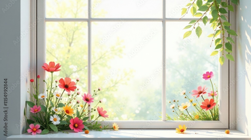 Vibrant Blooms Frame a Sunny Window View, Brightening a Serene Interior Space Vibrant Blooms Frame a Sunny Window View, Brightening a Serene Interior Space