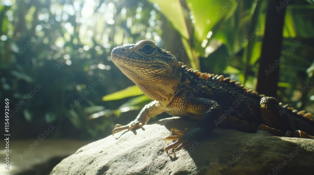 Obraz premium Close-Up of a Colorful Lizard Resting on a Rock Surrounded by Lush Green Foliage in a Tropical Environment, Highlighting the Beauty of Nature's Wildlife