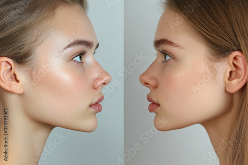 Woman's nose showing before and after rhinoplasty procedure. Significant change in shape and size, enhanced symmetry and profile improvement. photo