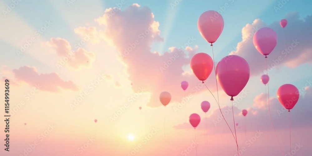 Fototapeta premium Pink Balloons Ascending in a Pastel Sunset Sky, a Dreamy and Serene Scene of Gentle Uplift and Joyful Celebration