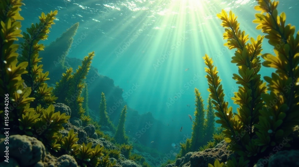 Obraz premium Sunlit Underwater Scene with Vibrant Aquatic Plants and Tranquil Atmosphere