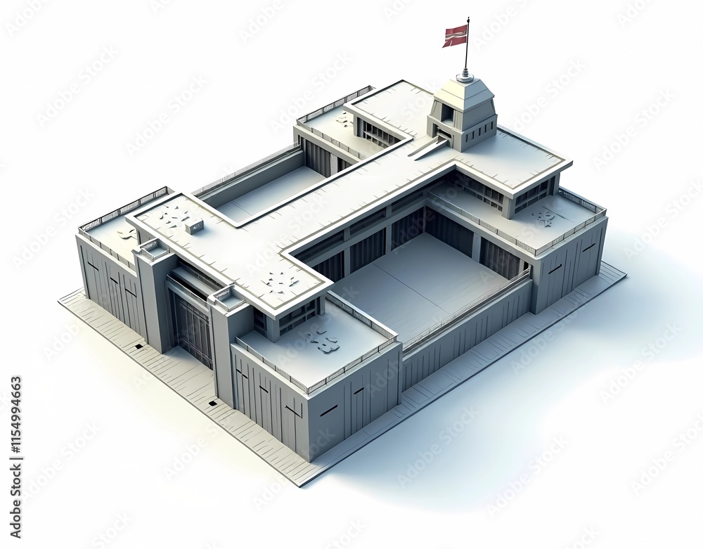 Illustration of a sturdy prison building architectural model with eagle eye view isolated on white background Illustration of a sturdy prison building architectural model with eagle eye view isolated on white background