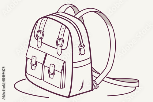 Rounded Backpack with Straps and Pockets  Vector Silhouette on White Background