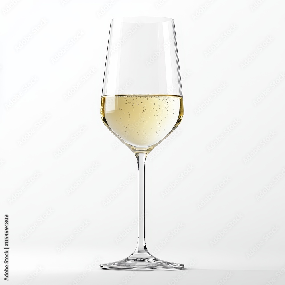 A tall, clear glass partially filled with sparkling white wine, set against a bright white background. A tall, clear glass partially filled with sparkling white wine, set against a bright white background.