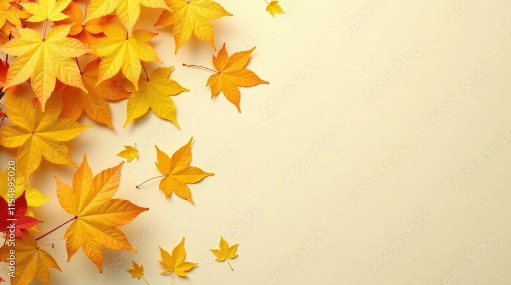 Autumnal Foliage Arranged on a Pale Yellow Background, Perfect for Seasonal Designs and Fall-Themed Projects Autumnal Foliage Arranged on a Pale Yellow Background, Perfect for Seasonal Designs and Fall-Themed Projects