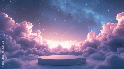Elegant cloud podium surrounded by a serene, starry sky