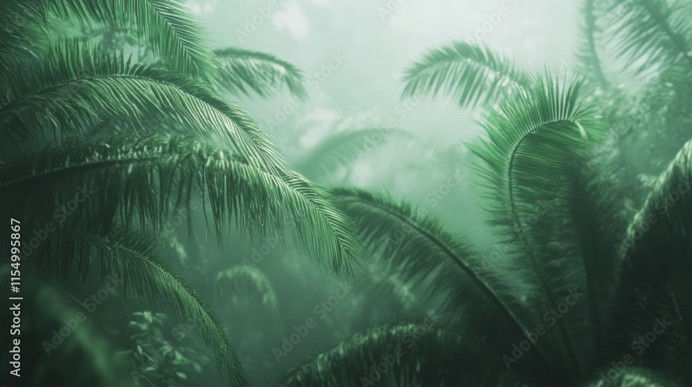 Obraz premium Lush Green Tropical Forest with Dense Palm Leaves Surrounded by Mist, Creating a Tranquil and Serene Nature Scene in a Rainforest Environment