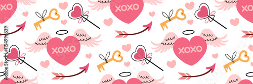 Valentine's Day festive pattern. Pink heart with angel wings. Cute flying arrow symbol Cupid, key and lollypop. Pink romantic Background. Hugs and kisses abbreviated text. Vector flat illustration.
