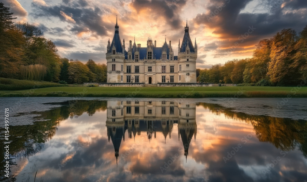 Obraz premium At sunrise, the castle by the lake is reflected in the lake