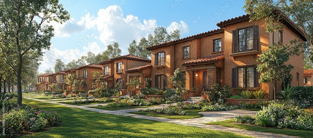 A row of charming homes surrounded by lush greenery and vibrant gardens. A row of charming homes surrounded by lush greenery and vibrant gardens.