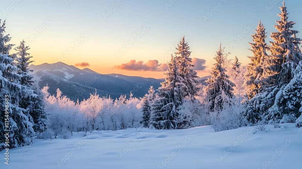Obraz premium Winter Sunrise in Snowy Mountains. Majestic Mountain Landscape.