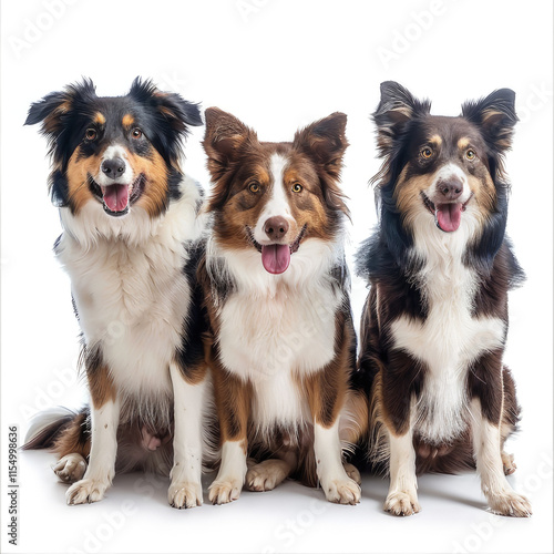 Three happy dogs sitting side by side, showcasing their playful expressions. isolated on white background