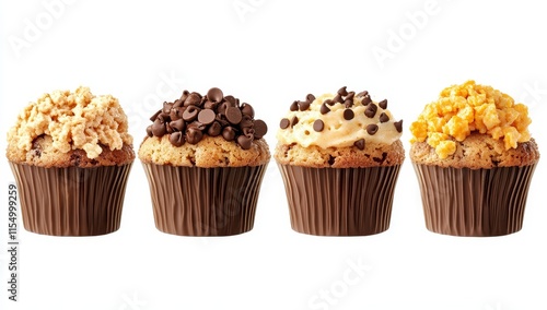 Four assorted muffins with various toppings.