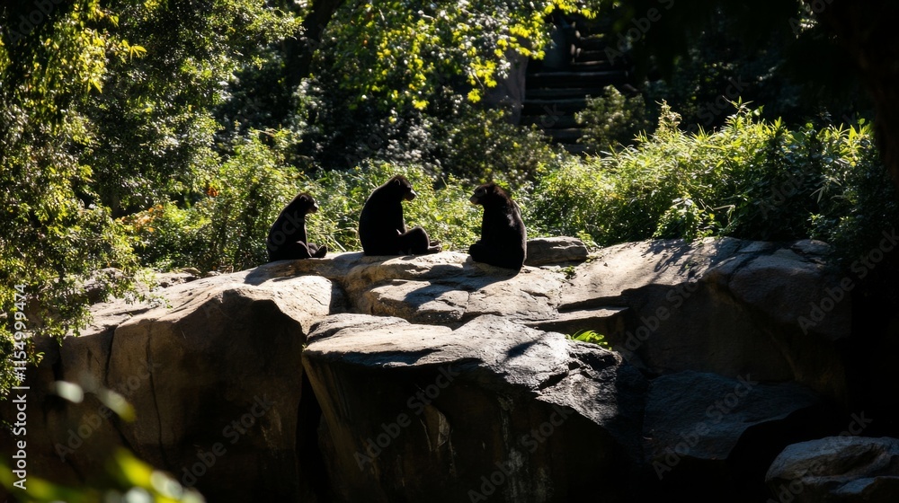 Majestic Silhouettes of Black Bears Relaxing on Rocky Outcrop Surrounded by Lush Greenery Under Soft Natural Light in a Serene Wilderness Setting Majestic Silhouettes of Black Bears Relaxing on Rocky Outcrop Surrounded by Lush Greenery Under Soft Natural Light in a Serene Wilderness Setting