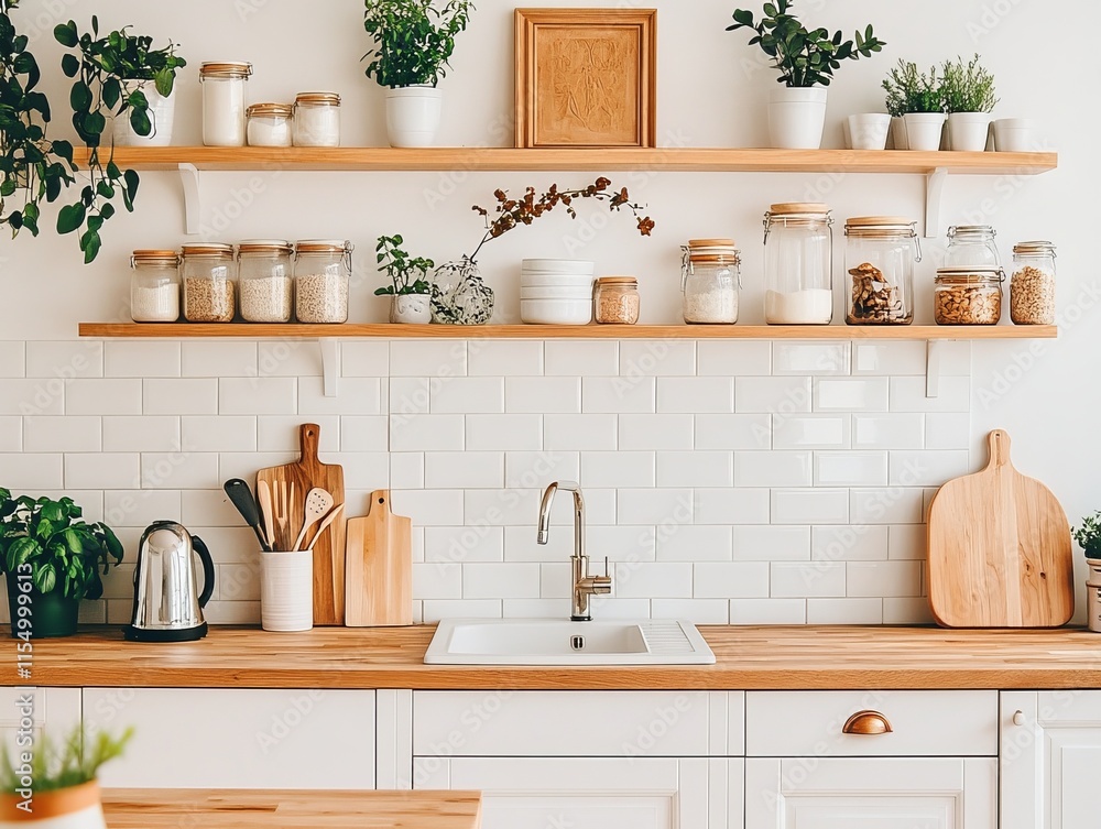 Fototapeta premium Modern Kitchen Shelves Decorated With Plants And Jars