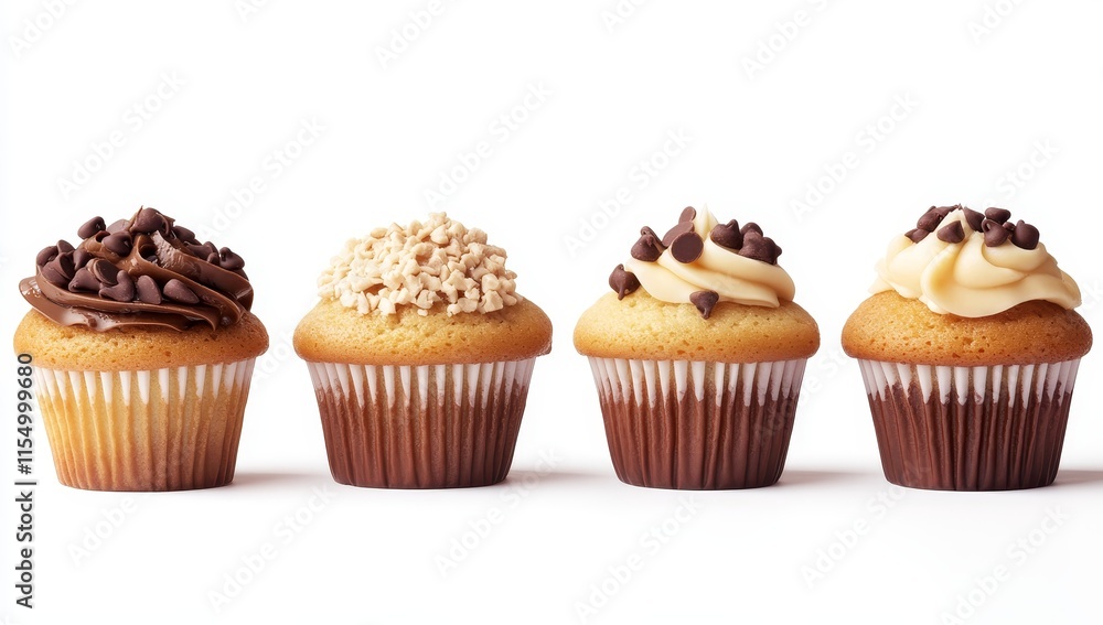 Four delicious cupcakes in a row, each with unique toppings. Four delicious cupcakes in a row, each with unique toppings.