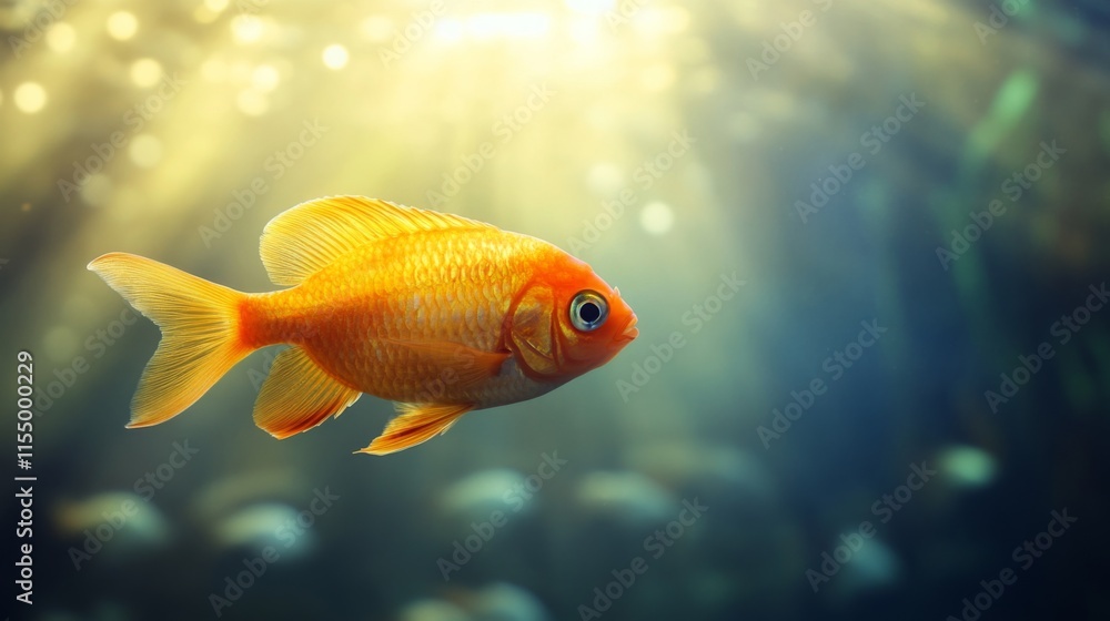 Orange Goldfish Swimming Gracefully in Clear Water with Beautiful Sunlight Illuminating Underwater Environment and Creating Dreamy Atmosphere for Aquatic Scene Orange Goldfish Swimming Gracefully in Clear Water with Beautiful Sunlight Illuminating Underwater Environment and Creating Dreamy Atmosphere for Aquatic Scene