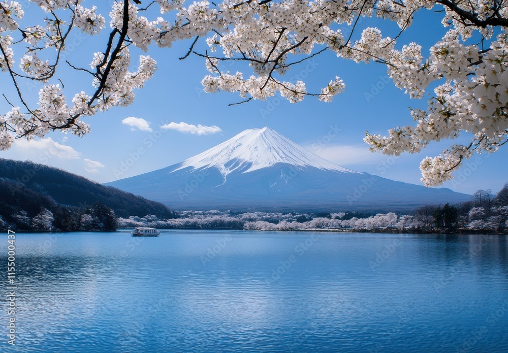Fototapeta premium Serene Lake View of Snow-Capped Mountain with Cherry Blossom Trees Under Clear Blue Sky in Japan's Natural Landscape