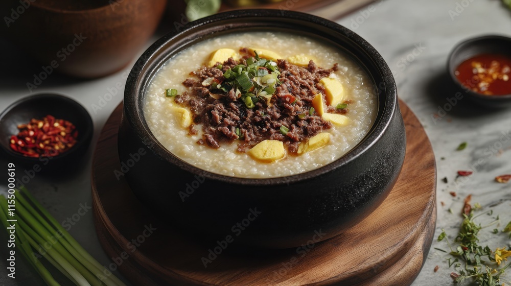 Delicious Beef Congee with Green Onions and Spices in Black Bowl Delicious Beef Congee with Green Onions and Spices in Black Bowl