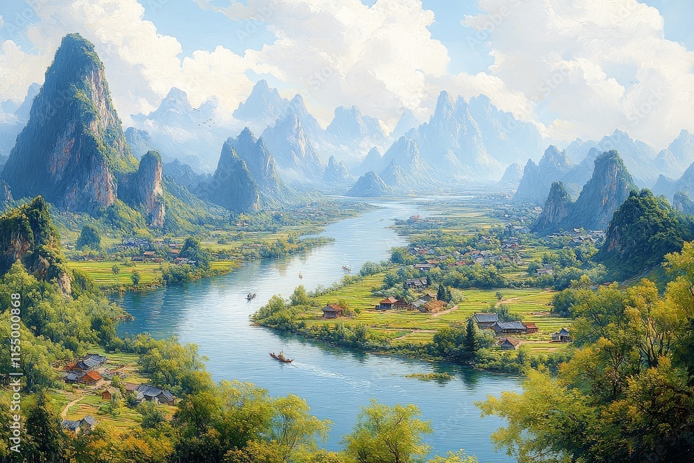 Fototapeta premium Bird's-eye view of the Guilin landscape, featuring rice fields, small villages, winding river, and green mountains under a blue sky.