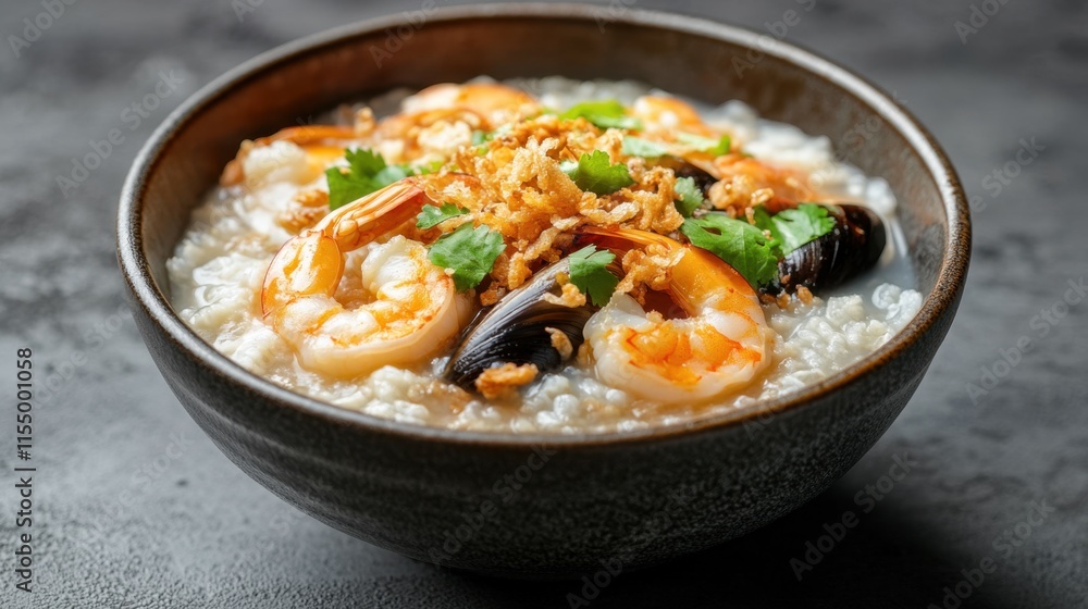 Authentic Shrimp Rice Porridge with Herbs and Fried Shallots Authentic Shrimp Rice Porridge with Herbs and Fried Shallots