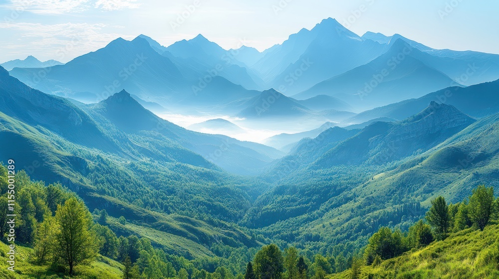 Fototapeta premium Misty mountain range with green valleys and peaks.