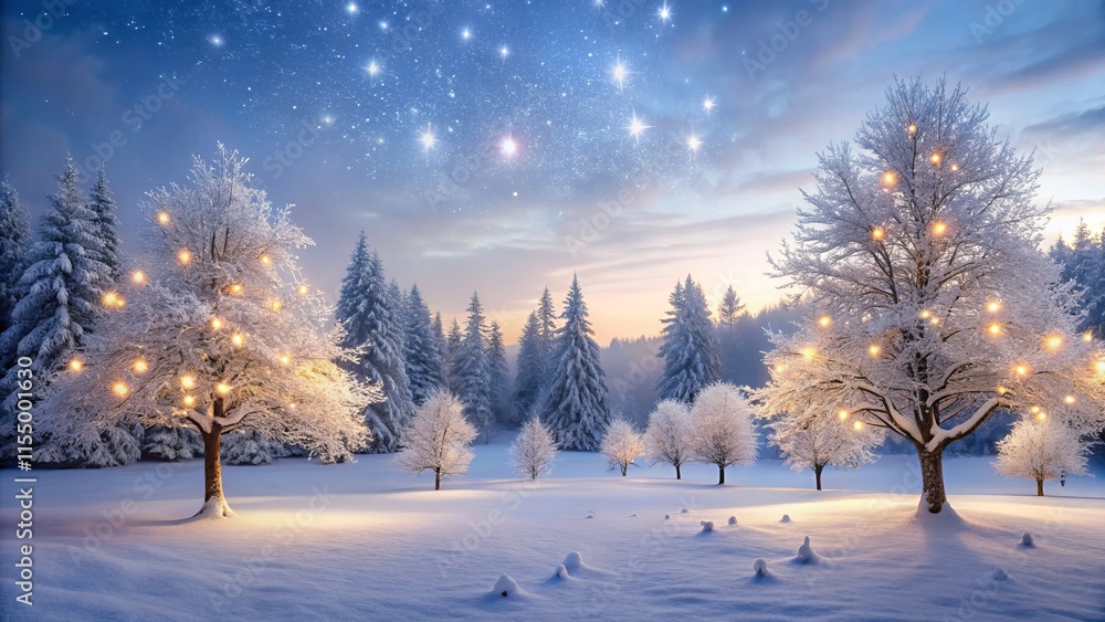 Winter Wonderland with Glowing Trees and Starry Sky Winter Wonderland with Glowing Trees and Starry Sky