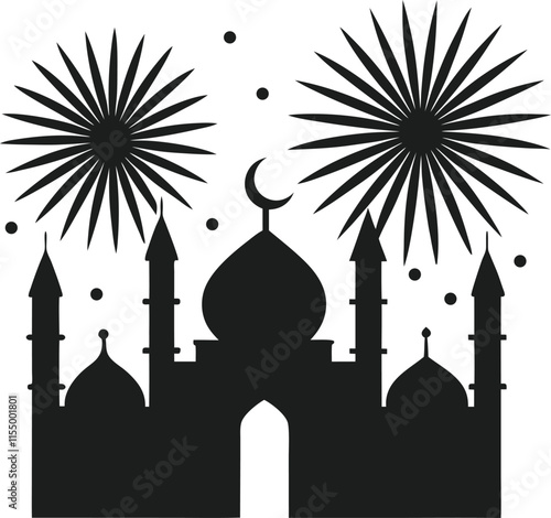 Silhouette of Islamic Mosque with Fireworks Celebration Vector photo