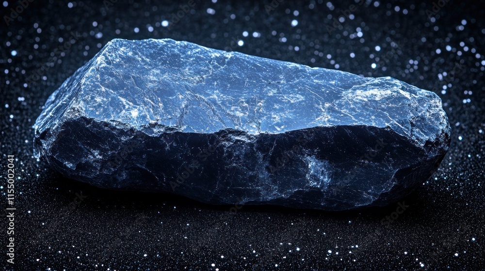 Close-up of a dark blue stone on a dark background with glittering specks. Close-up of a dark blue stone on a dark background with glittering specks.