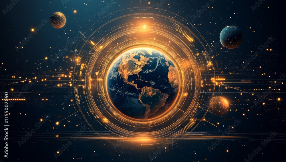 Obraz premium Futuristic Earth surrounded by digital rings and planets.