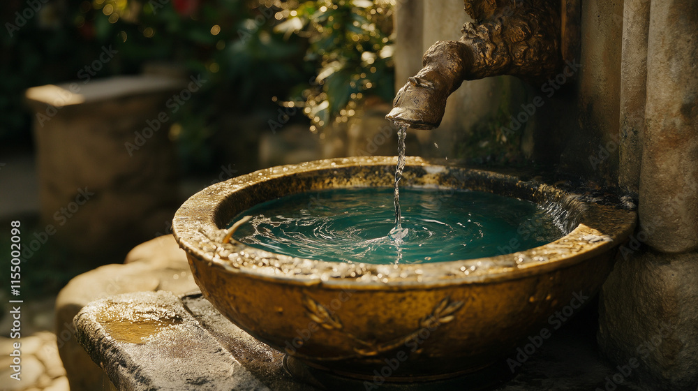 Ornate golden fountain with flowing water outdoors Ornate golden fountain with flowing water outdoors