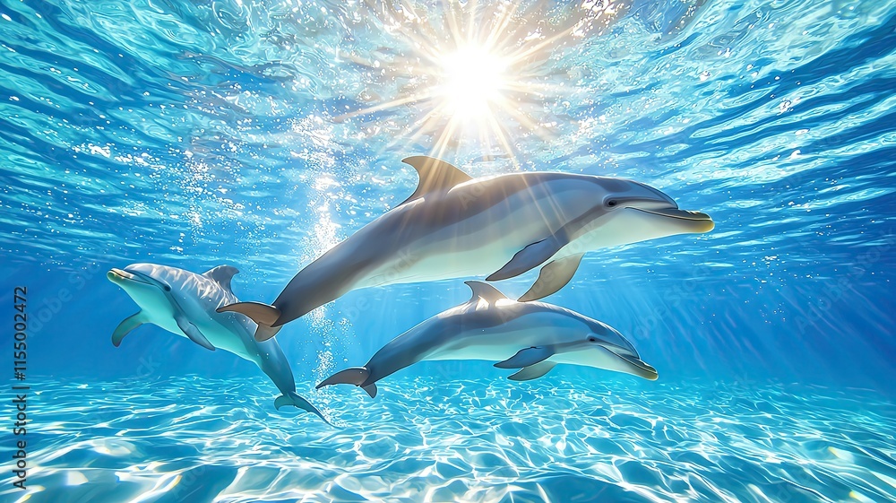 Obraz premium dolphins swimming underwater with sunlight, underwater dolphins and sunrays, dolphins playing in crystal clear underwater light ,dolphins tropical marine life with playful dolphins